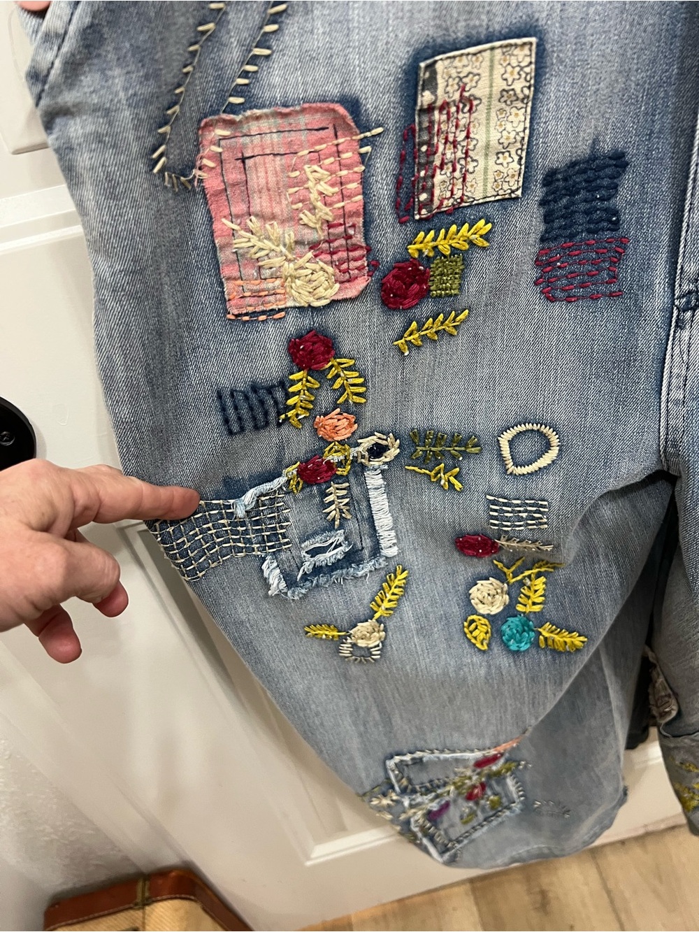 Blue Velvet Fun and Funky Overalls with Colorful Embroidery and Patchwork. - Picture 7 of 10